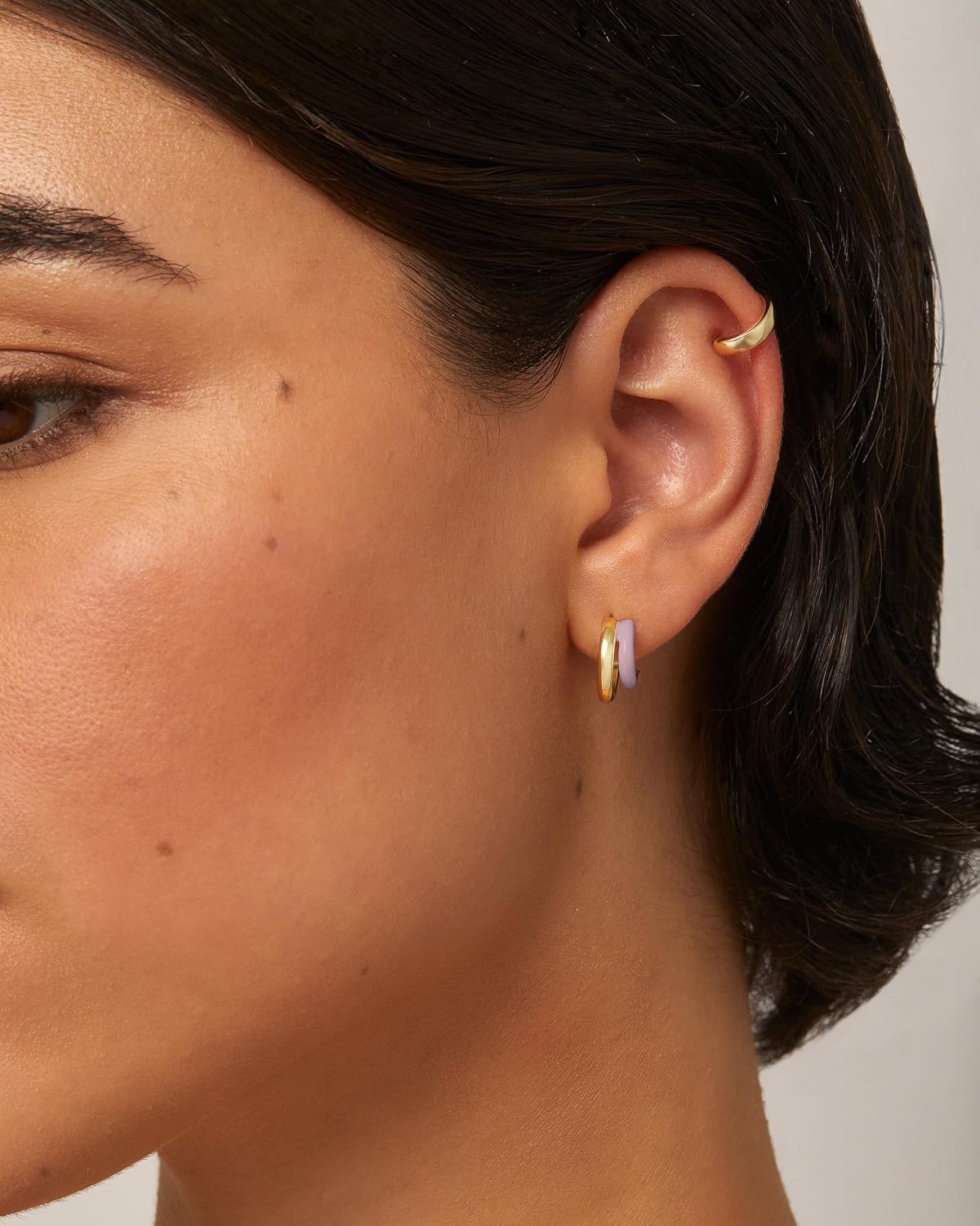 image:imagePAVOI 14K Gold Plated 925 Sterling Silver Post Earrings for Women Colored Enamel Cubic Zirconia Huggie Hoop Earrings JewelryWhite Gold Purple Enamel