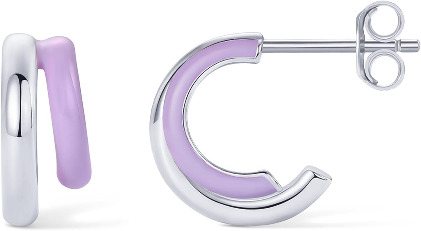 image:imagePAVOI 14K Gold Plated 925 Sterling Silver Post Earrings for Women Colored Enamel Cubic Zirconia Huggie Hoop Earrings JewelryWhite Gold Purple Enamel