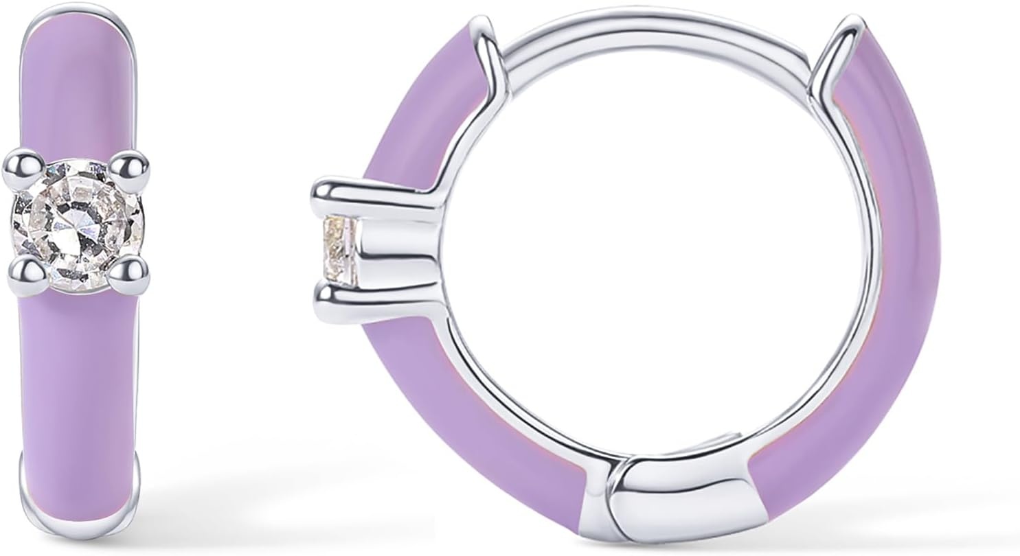 image:imagePAVOI 14K Gold Plated 925 Sterling Silver Post Earrings for Women Colored Enamel Cubic Zirconia Huggie Hoop Earrings JewelryWhite Gold Purple Enamel