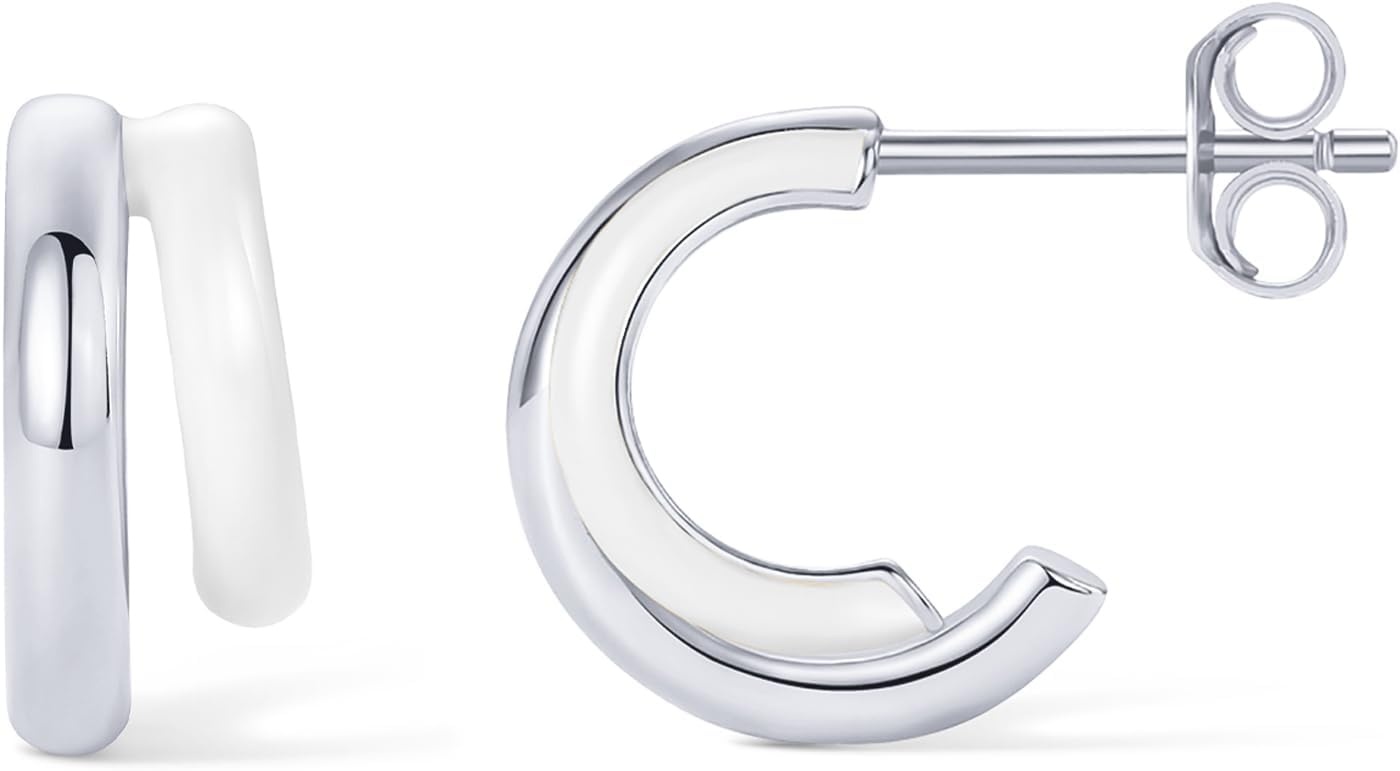 image:imagePAVOI 14K Gold Plated 925 Sterling Silver Post Earrings for Women Colored Enamel Cubic Zirconia Huggie Hoop Earrings JewelryWhite Gold White Enamel