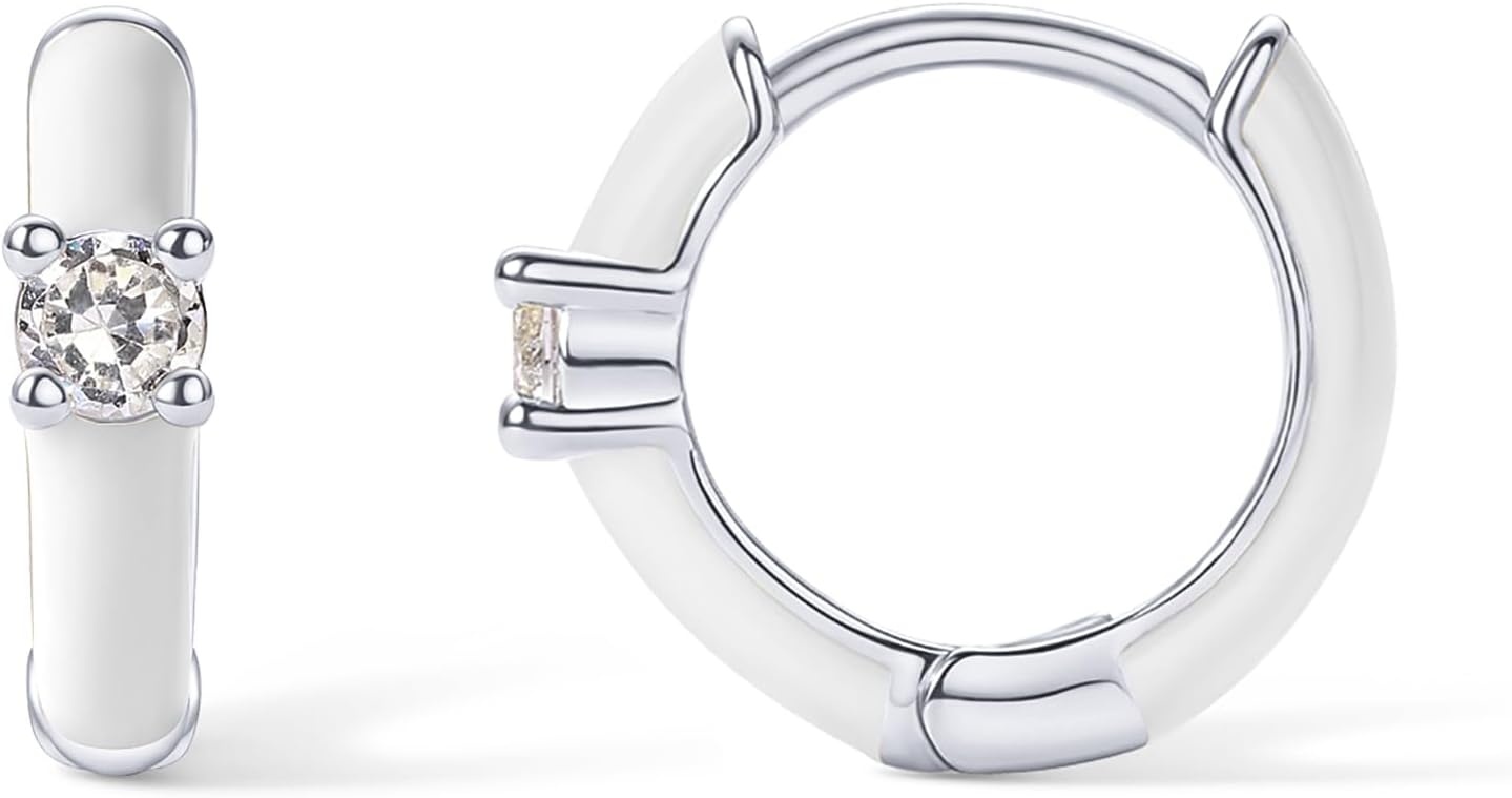 image:imagePAVOI 14K Gold Plated 925 Sterling Silver Post Earrings for Women Colored Enamel Cubic Zirconia Huggie Hoop Earrings JewelryWhite Gold White Enamel