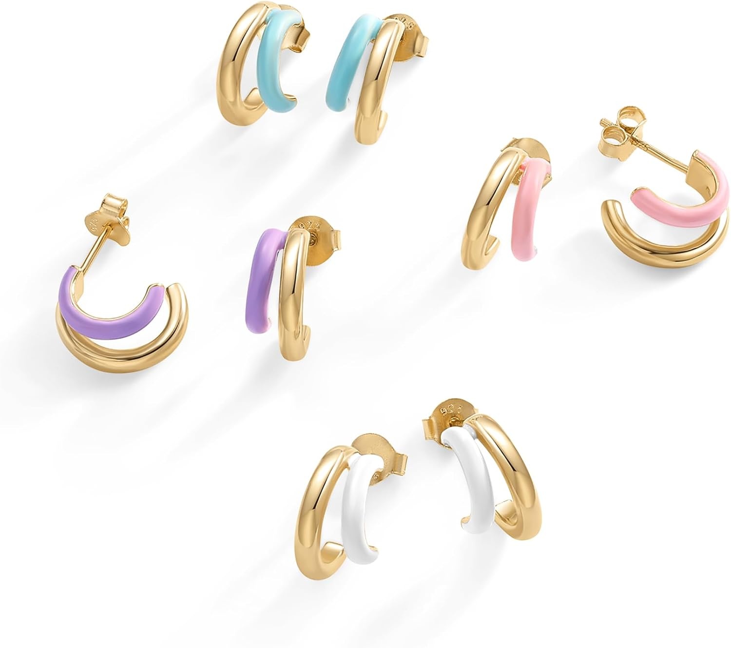 image:imagePAVOI 14K Gold Plated 925 Sterling Silver Post Earrings for Women Colored Enamel Cubic Zirconia Huggie Hoop Earrings JewelryYellow Gold Blue Enamel