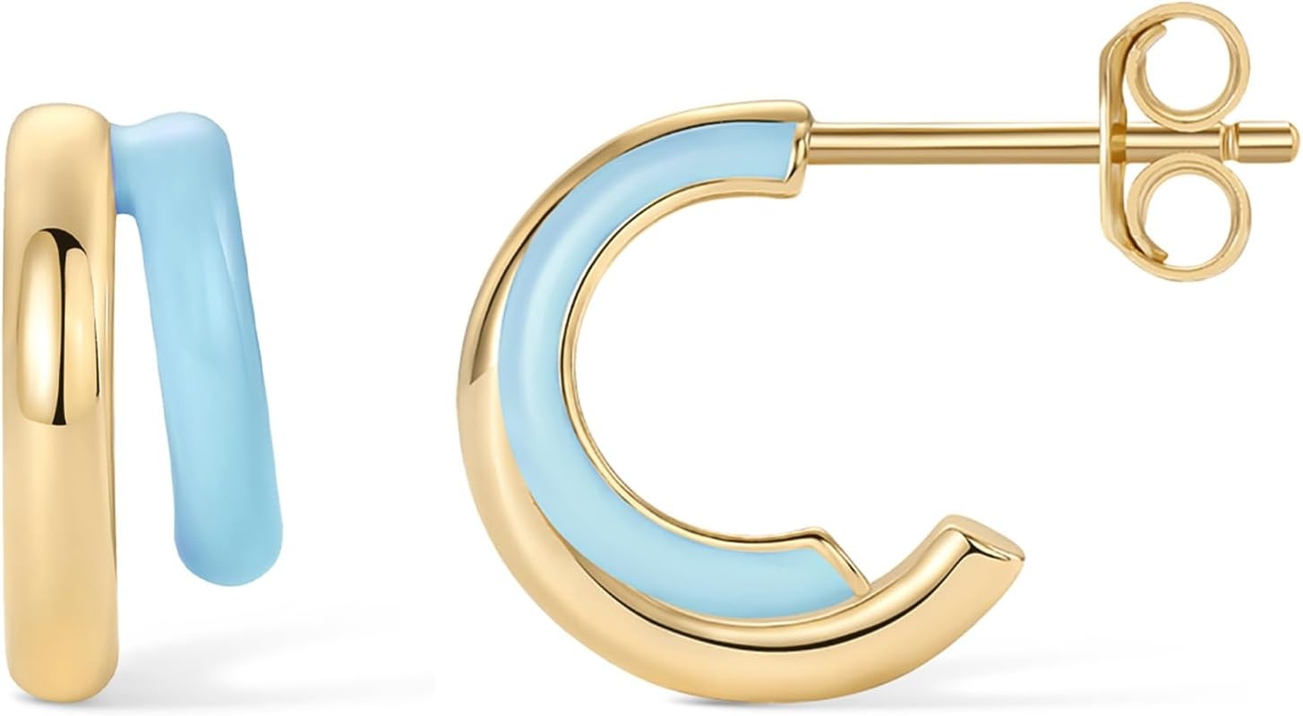 image:imagePAVOI 14K Gold Plated 925 Sterling Silver Post Earrings for Women Colored Enamel Cubic Zirconia Huggie Hoop Earrings JewelryYellow Gold Blue Enamel
