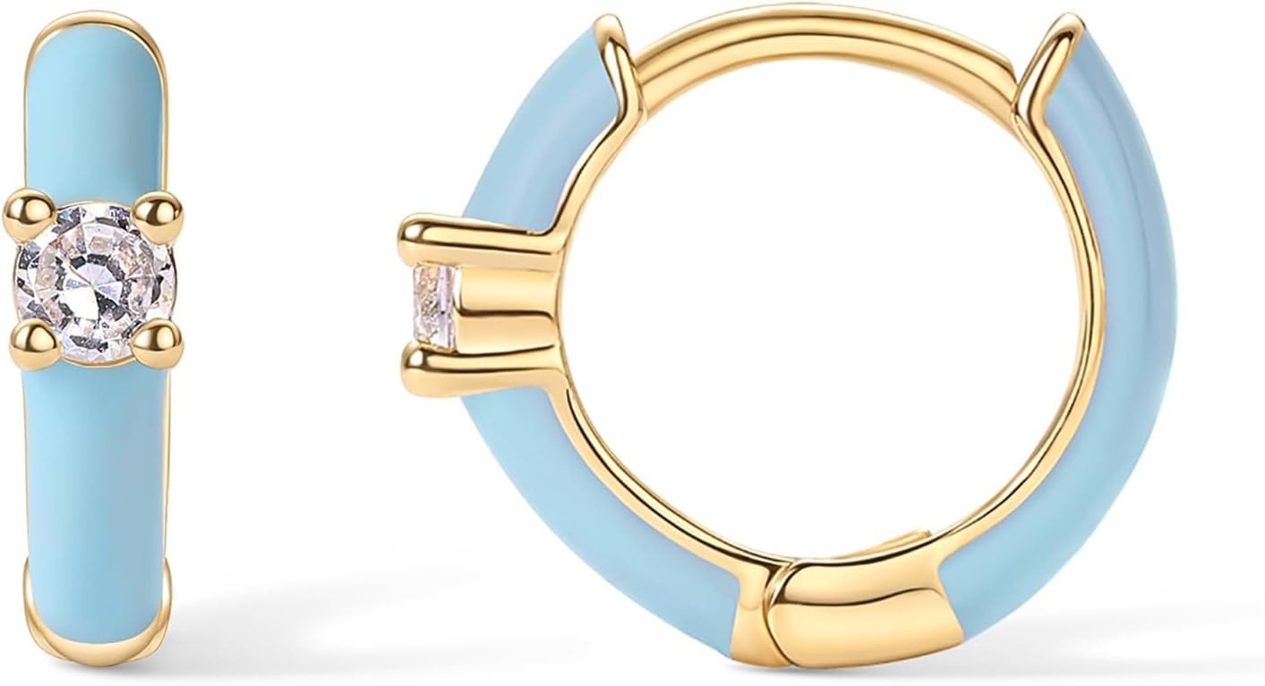 image:imagePAVOI 14K Gold Plated 925 Sterling Silver Post Earrings for Women Colored Enamel Cubic Zirconia Huggie Hoop Earrings JewelryYellow Gold Blue Enamel