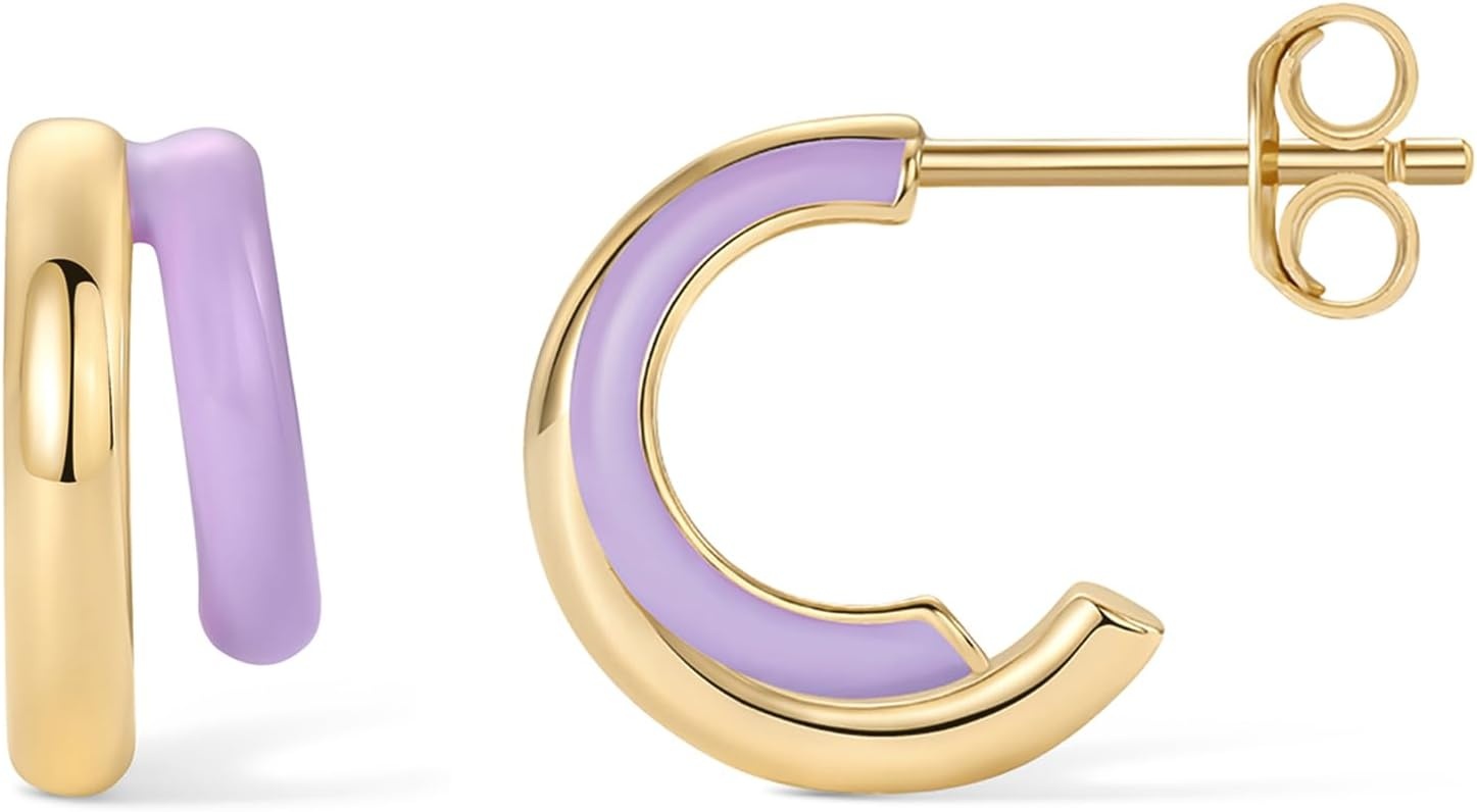 image:imagePAVOI 14K Gold Plated 925 Sterling Silver Post Earrings for Women Colored Enamel Cubic Zirconia Huggie Hoop Earrings JewelryYellow Gold Purple Enamel