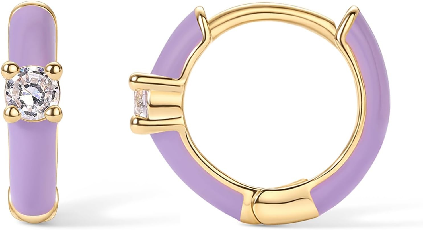 image:imagePAVOI 14K Gold Plated 925 Sterling Silver Post Earrings for Women Colored Enamel Cubic Zirconia Huggie Hoop Earrings JewelryYellow Gold Purple Enamel