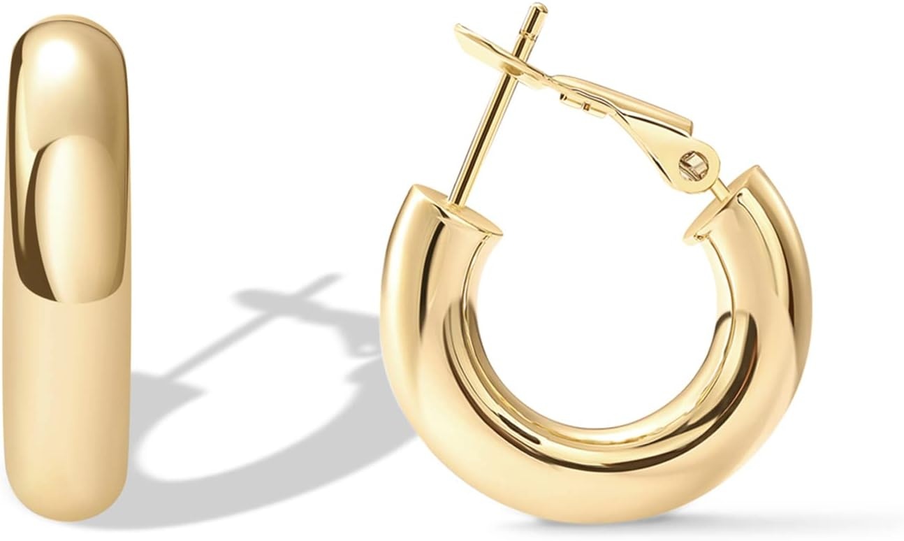 image:imagePAVOI 14K Gold Plated 925 Sterling Silver Post Hoops Lightweight Chunky Hoops Huggies Thick Gold Hoop Earrings for Women200 Millimeters