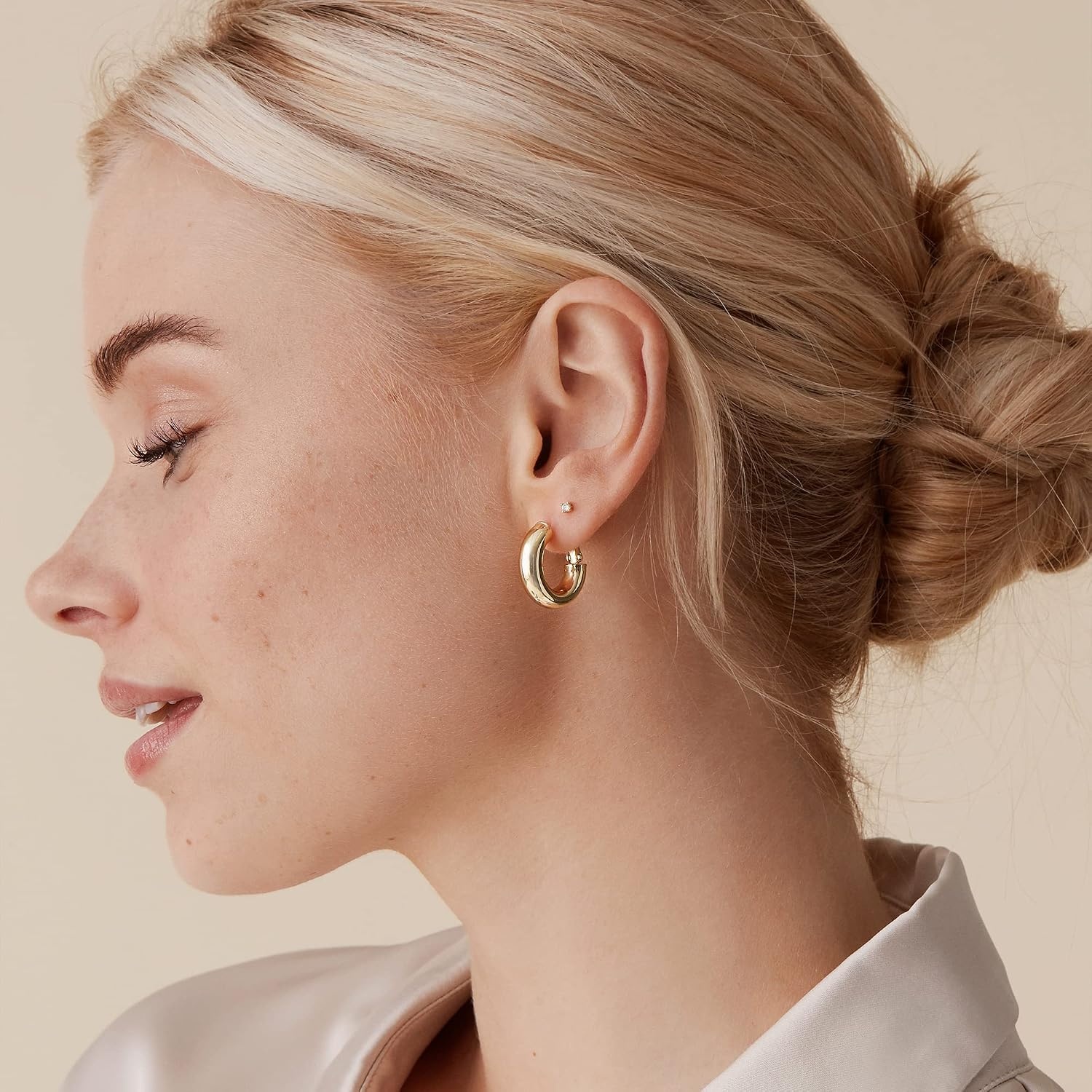 image:imagePAVOI 14K Gold Plated 925 Sterling Silver Post Hoops Lightweight Chunky Hoops Huggies Thick Gold Hoop Earrings for Women200 Millimeters