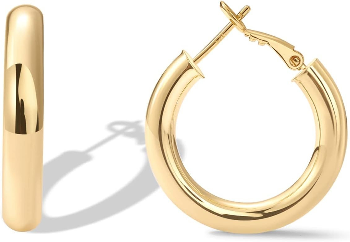 image:imagePAVOI 14K Gold Plated 925 Sterling Silver Post Hoops Lightweight Chunky Hoops Huggies Thick Gold Hoop Earrings for Women300 Millimeters
