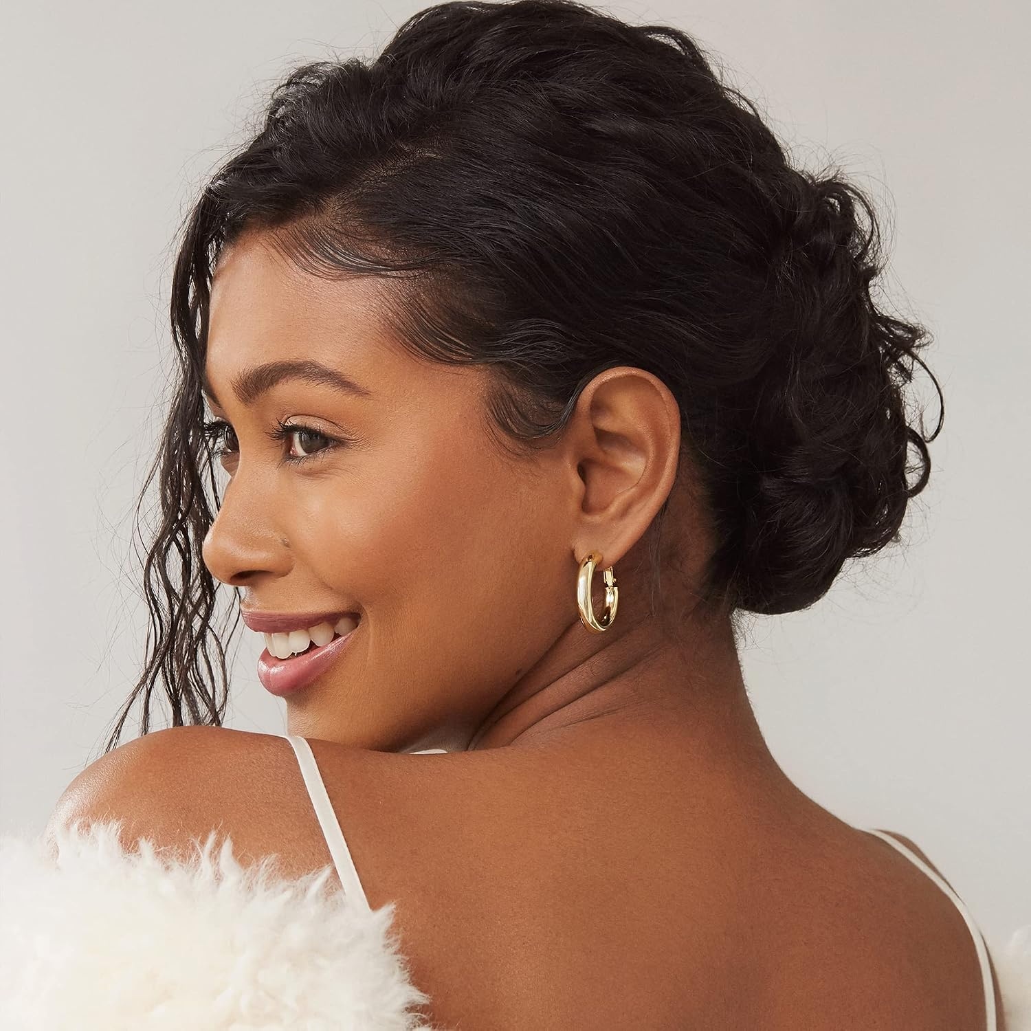 image:imagePAVOI 14K Gold Plated 925 Sterling Silver Post Hoops Lightweight Chunky Hoops Huggies Thick Gold Hoop Earrings for Women300 Millimeters