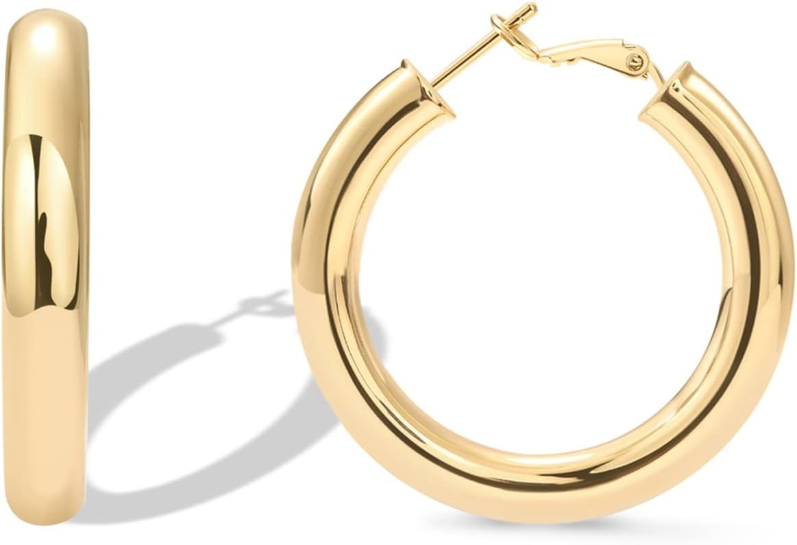 image:imagePAVOI 14K Gold Plated 925 Sterling Silver Post Hoops Lightweight Chunky Hoops Huggies Thick Gold Hoop Earrings for Women400 Millimeters
