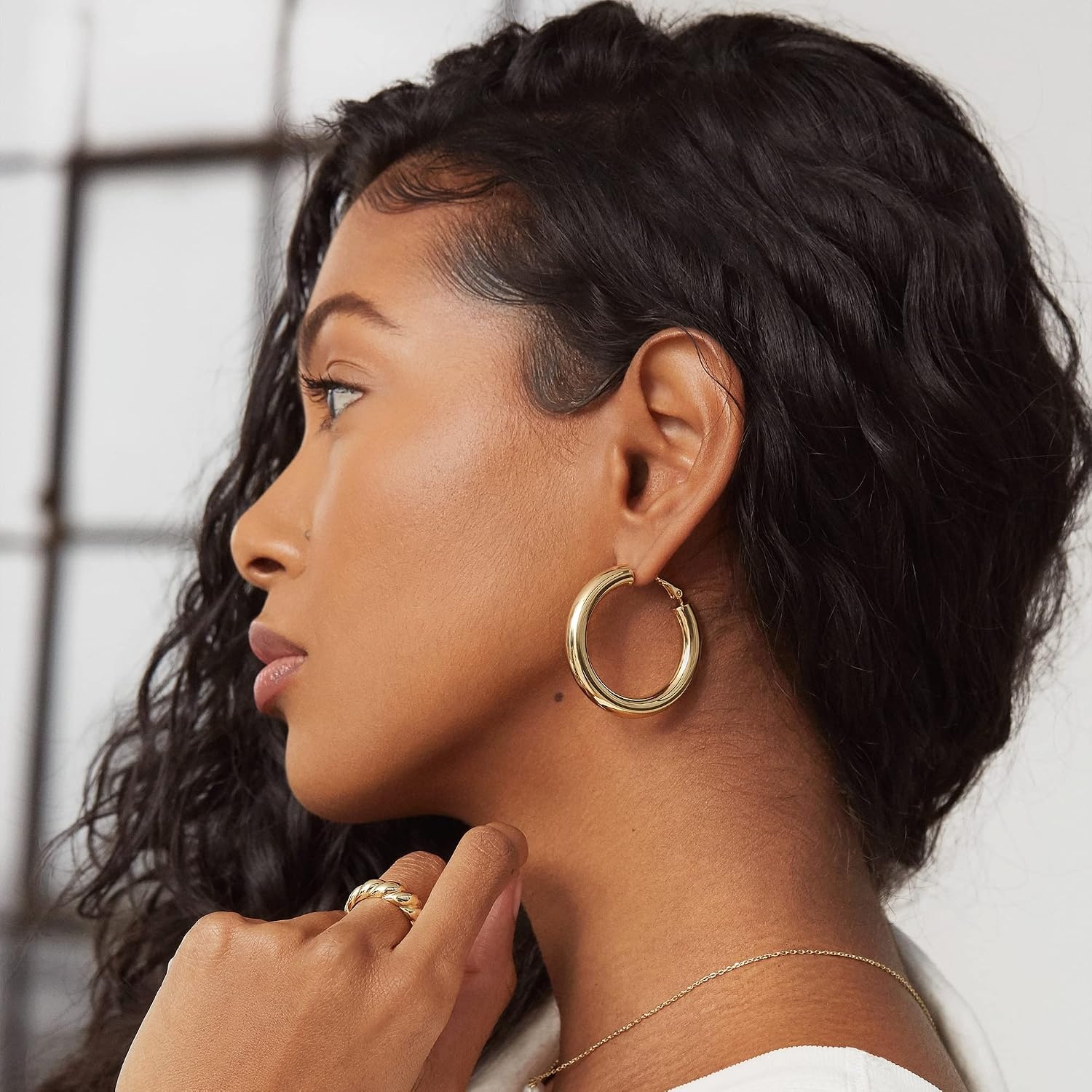 image:imagePAVOI 14K Gold Plated 925 Sterling Silver Post Hoops Lightweight Chunky Hoops Huggies Thick Gold Hoop Earrings for Women400 Millimeters