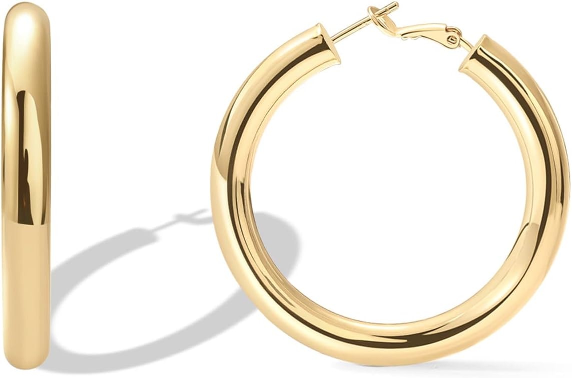 image:imagePAVOI 14K Gold Plated 925 Sterling Silver Post Hoops Lightweight Chunky Hoops Huggies Thick Gold Hoop Earrings for Women500 Millimeters