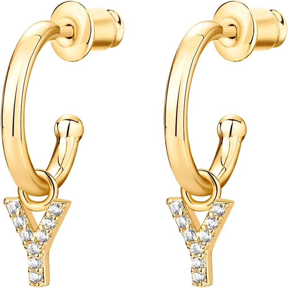 image:imagePAVOI 14K Gold Plated 925 Sterling Silver Post Huggie Earring with Initial Dangle CZ Huggie Hoop Earrings Womens Cubic Zirconia Initial HuggiesYellow Gold