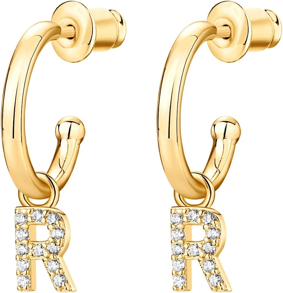 image:imagePAVOI 14K Gold Plated 925 Sterling Silver Post Huggie Earring with Initial Dangle CZ Huggie Hoop Earrings Womens Cubic Zirconia Initial HuggiesYellow Gold