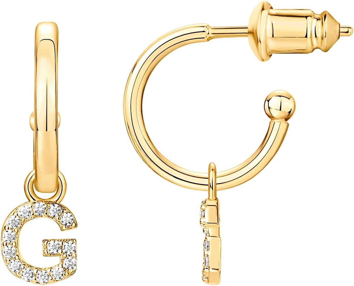 image:imagePAVOI 14K Gold Plated 925 Sterling Silver Post Huggie Earring with Initial Dangle CZ Huggie Hoop Earrings Womens Cubic Zirconia Initial HuggiesYellow Gold