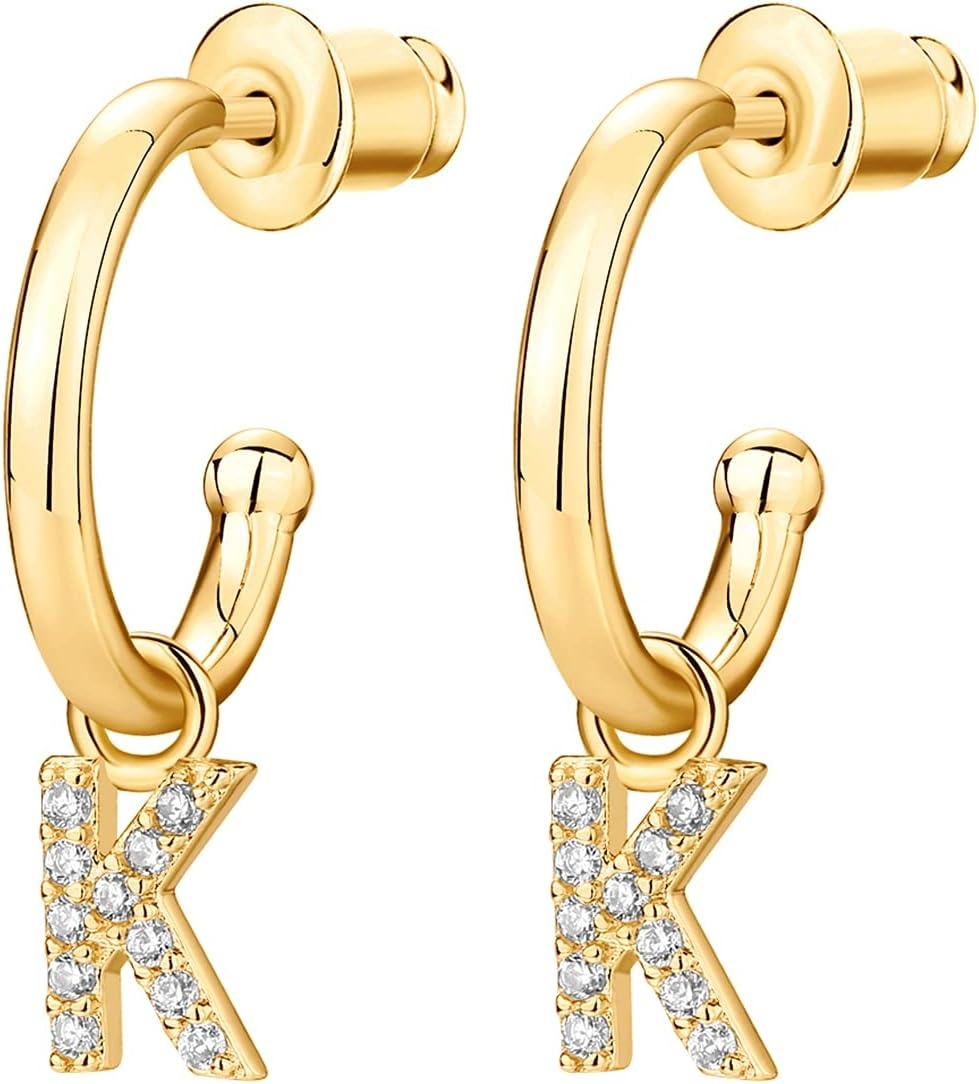 image:imagePAVOI 14K Gold Plated 925 Sterling Silver Post Huggie Earring with Initial Dangle CZ Huggie Hoop Earrings Womens Cubic Zirconia Initial HuggiesYellow Gold