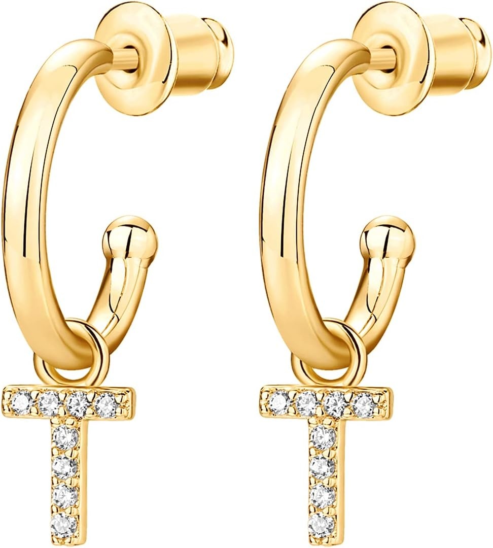 image:imagePAVOI 14K Gold Plated 925 Sterling Silver Post Huggie Earring with Initial Dangle CZ Huggie Hoop Earrings Womens Cubic Zirconia Initial HuggiesYellow Gold