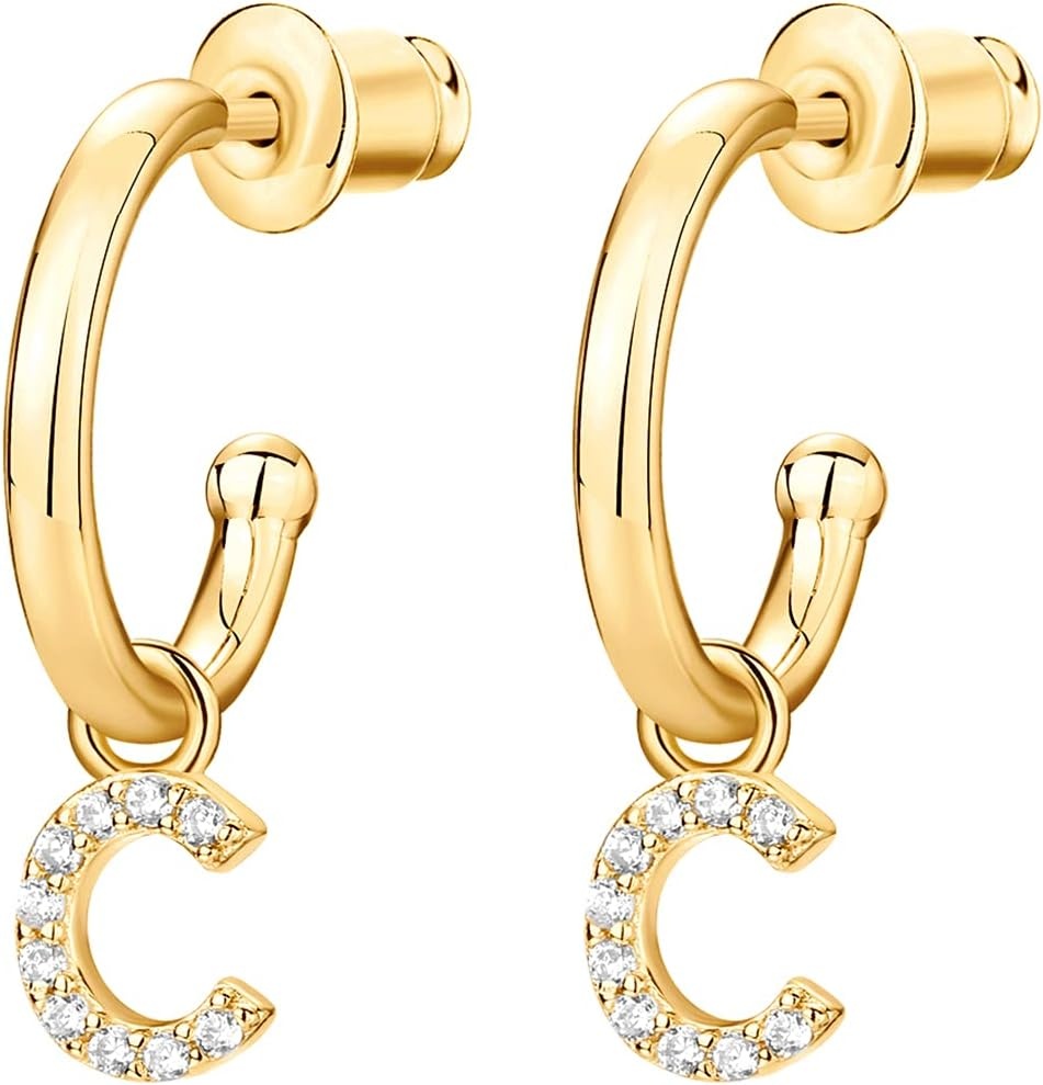 image:imagePAVOI 14K Gold Plated 925 Sterling Silver Post Huggie Earring with Initial Dangle CZ Huggie Hoop Earrings Womens Cubic Zirconia Initial HuggiesYellow Gold