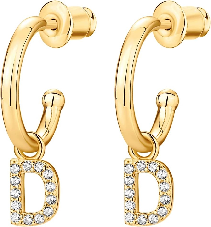 image:imagePAVOI 14K Gold Plated 925 Sterling Silver Post Huggie Earring with Initial Dangle CZ Huggie Hoop Earrings Womens Cubic Zirconia Initial HuggiesYellow Gold