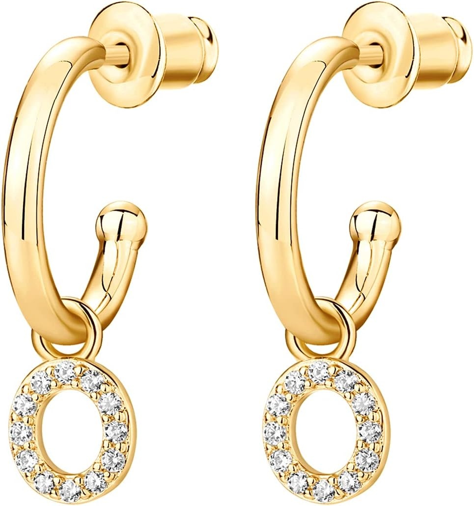 image:imagePAVOI 14K Gold Plated 925 Sterling Silver Post Huggie Earring with Initial Dangle CZ Huggie Hoop Earrings Womens Cubic Zirconia Initial HuggiesYellow Gold