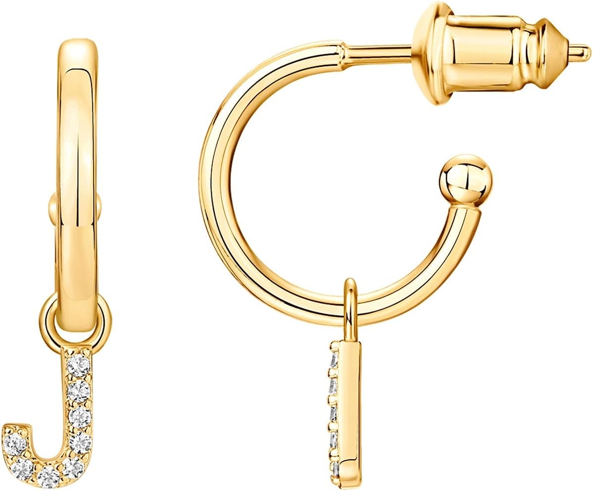 image:imagePAVOI 14K Gold Plated 925 Sterling Silver Post Huggie Earring with Initial Dangle CZ Huggie Hoop Earrings Womens Cubic Zirconia Initial HuggiesYellow Gold