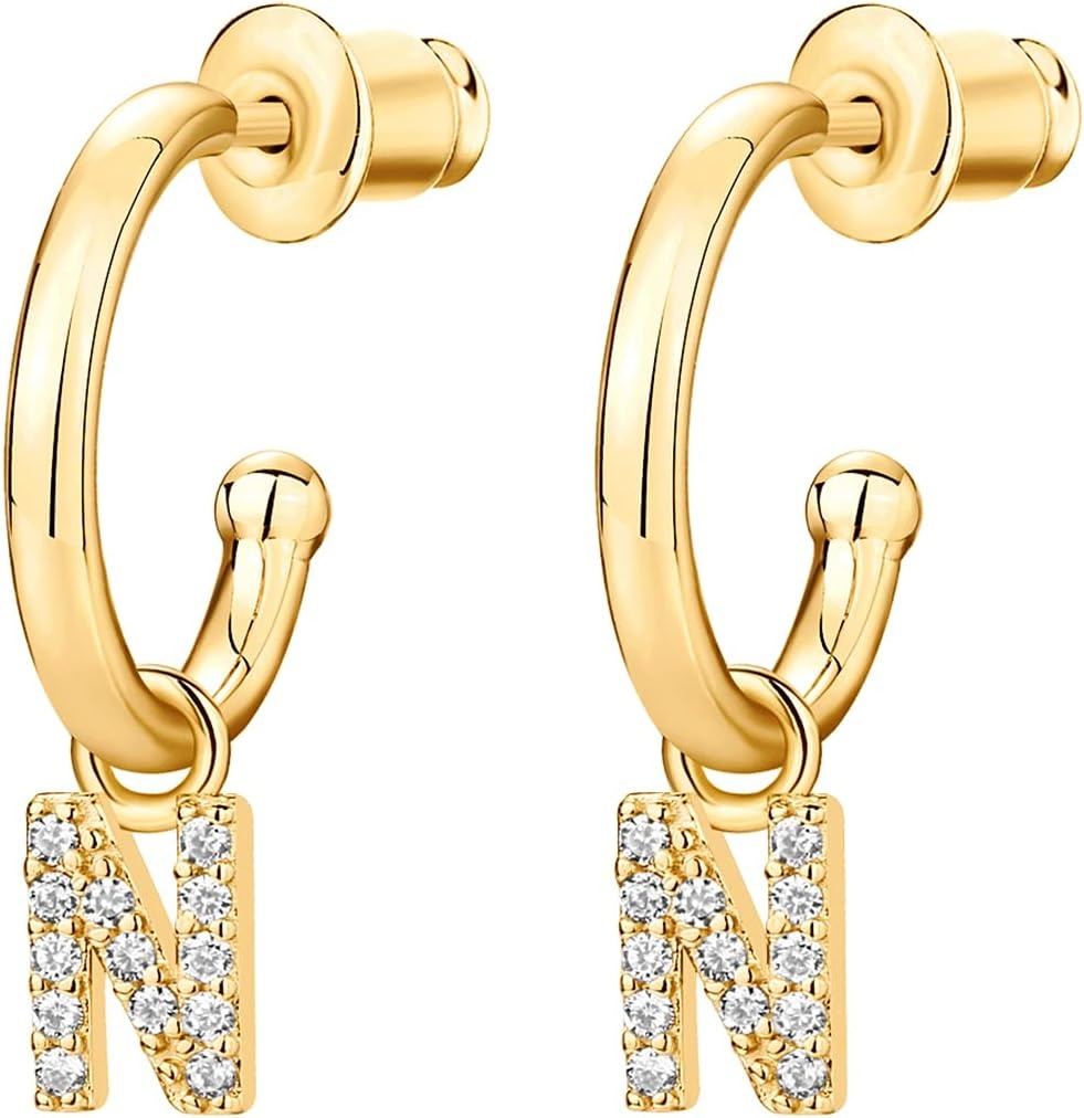 image:imagePAVOI 14K Gold Plated 925 Sterling Silver Post Huggie Earring with Initial Dangle CZ Huggie Hoop Earrings Womens Cubic Zirconia Initial HuggiesYellow Gold