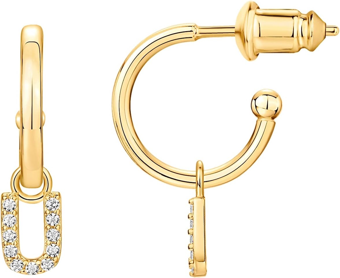image:imagePAVOI 14K Gold Plated 925 Sterling Silver Post Huggie Earring with Initial Dangle CZ Huggie Hoop Earrings Womens Cubic Zirconia Initial HuggiesYellow Gold