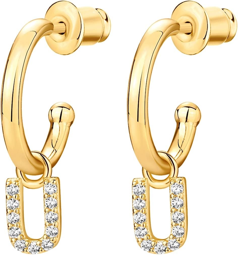 image:imagePAVOI 14K Gold Plated 925 Sterling Silver Post Huggie Earring with Initial Dangle CZ Huggie Hoop Earrings Womens Cubic Zirconia Initial HuggiesYellow Gold