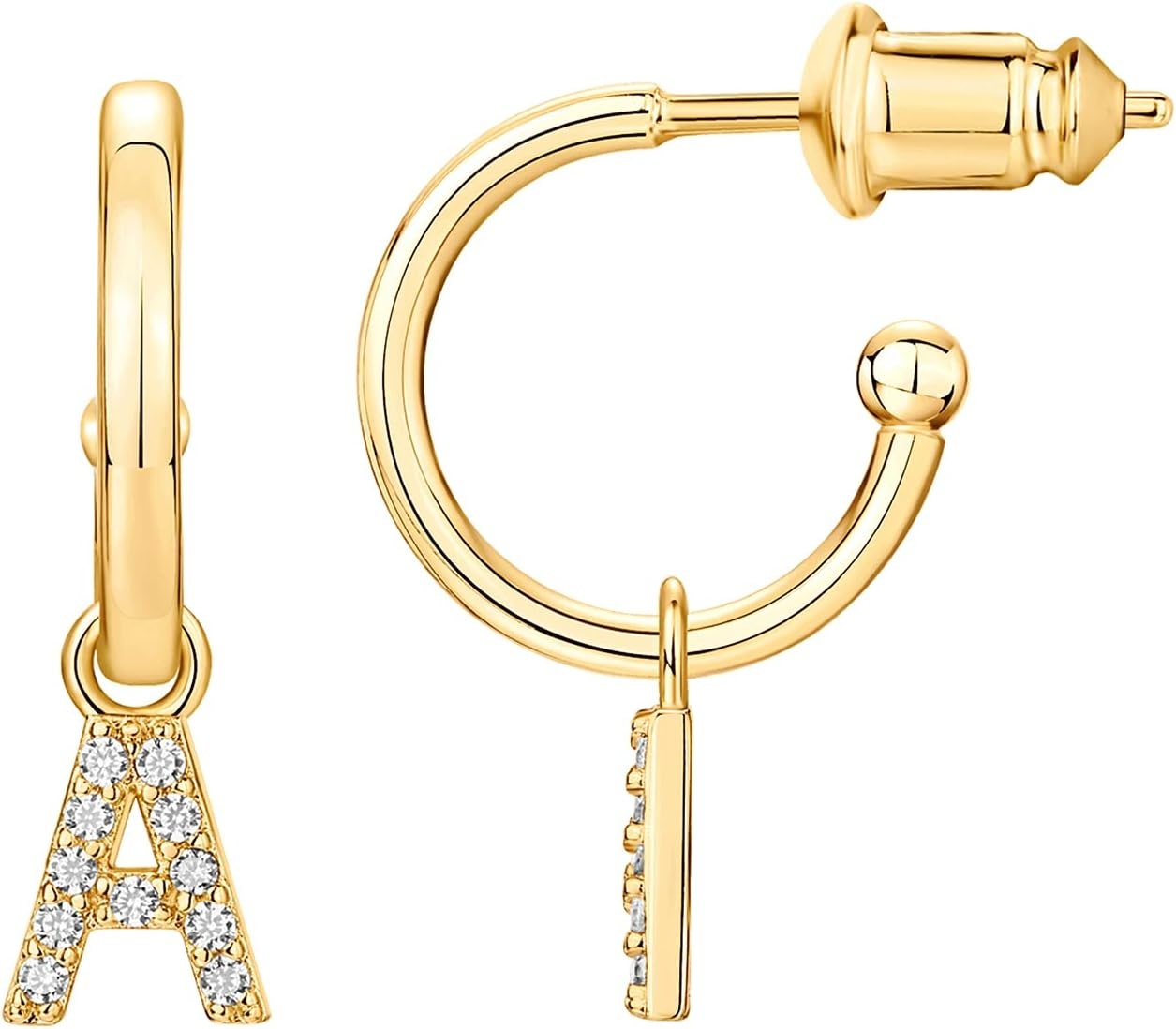 image:imagePAVOI 14K Gold Plated 925 Sterling Silver Post Huggie Earring with Initial Dangle CZ Huggie Hoop Earrings Womens Cubic Zirconia Initial HuggiesYellow Gold