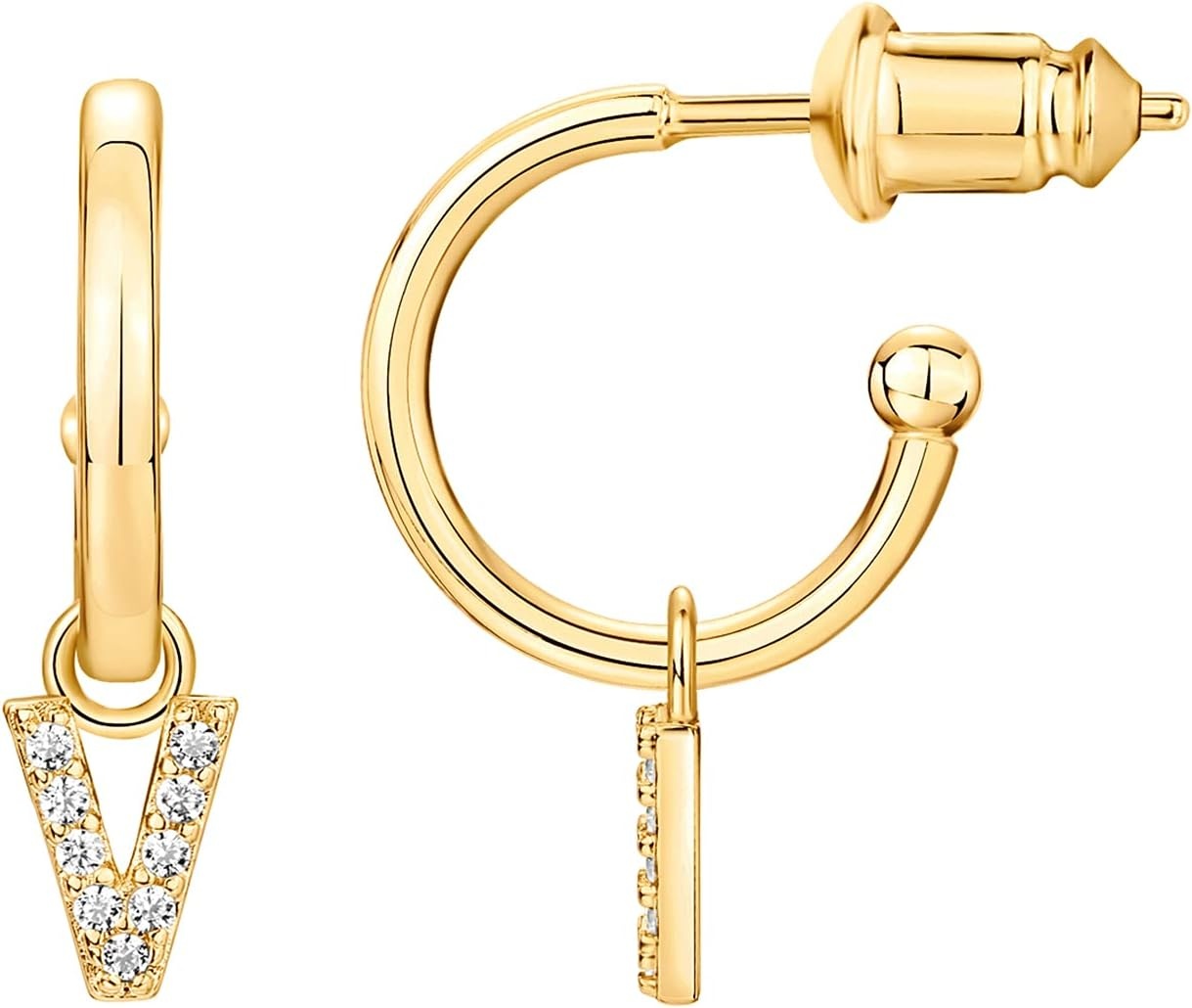image:imagePAVOI 14K Gold Plated 925 Sterling Silver Post Huggie Earring with Initial Dangle CZ Huggie Hoop Earrings Womens Cubic Zirconia Initial HuggiesYellow Gold