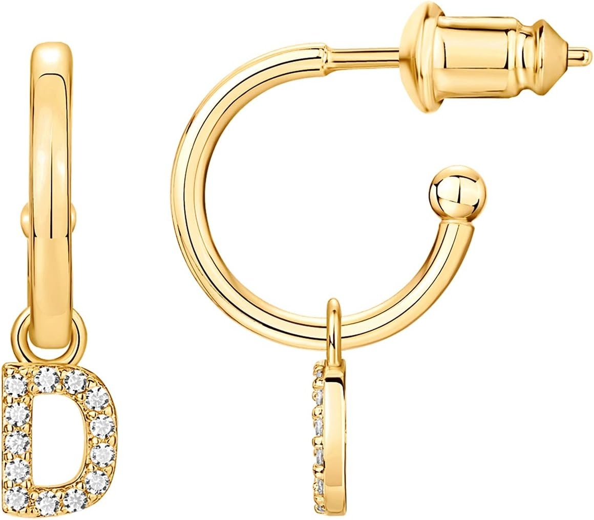 image:imagePAVOI 14K Gold Plated 925 Sterling Silver Post Huggie Earring with Initial Dangle CZ Huggie Hoop Earrings Womens Cubic Zirconia Initial HuggiesYellow Gold