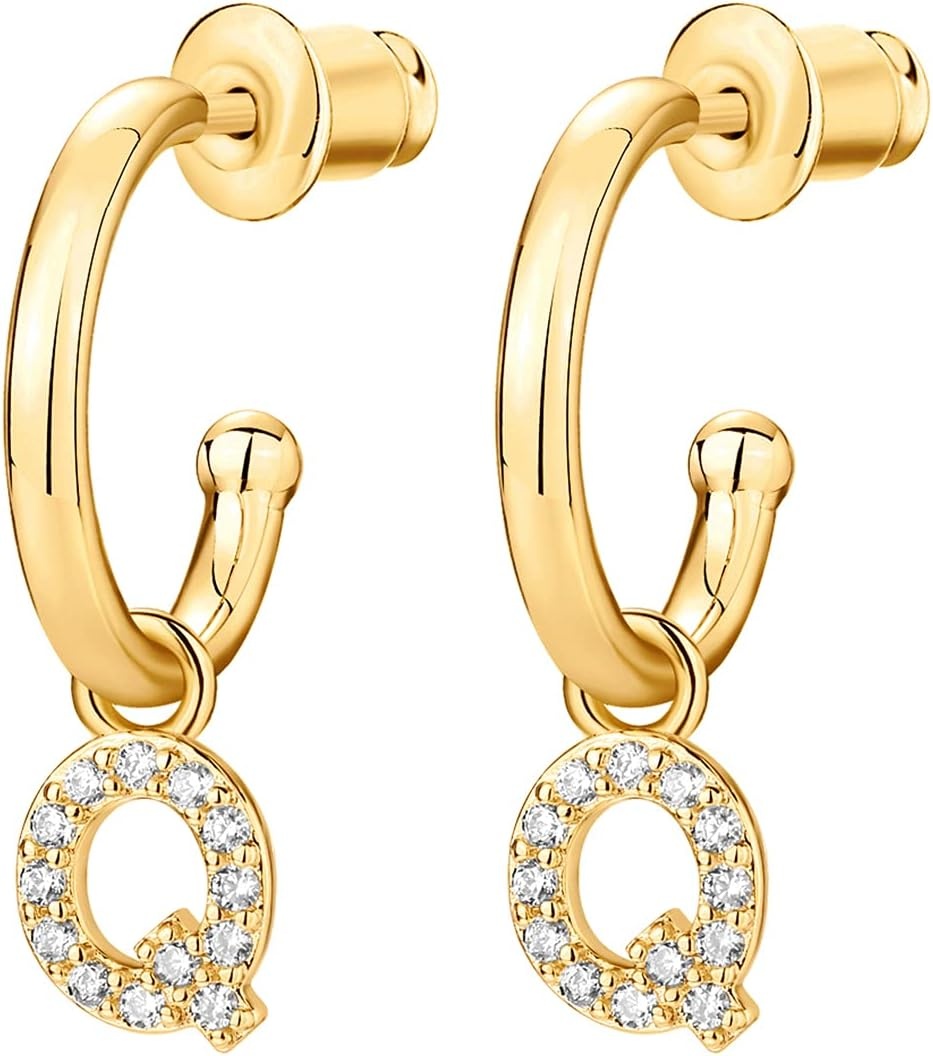 image:imagePAVOI 14K Gold Plated 925 Sterling Silver Post Huggie Earring with Initial Dangle CZ Huggie Hoop Earrings Womens Cubic Zirconia Initial HuggiesYellow Gold