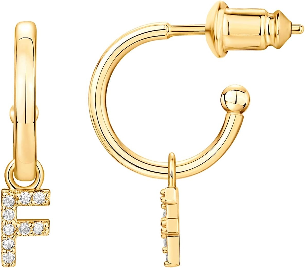image:imagePAVOI 14K Gold Plated 925 Sterling Silver Post Huggie Earring with Initial Dangle CZ Huggie Hoop Earrings Womens Cubic Zirconia Initial HuggiesYellow Gold