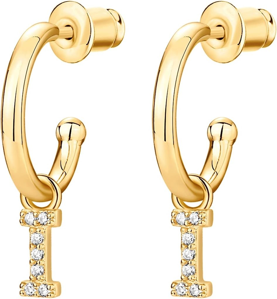 image:imagePAVOI 14K Gold Plated 925 Sterling Silver Post Huggie Earring with Initial Dangle CZ Huggie Hoop Earrings Womens Cubic Zirconia Initial HuggiesYellow Gold