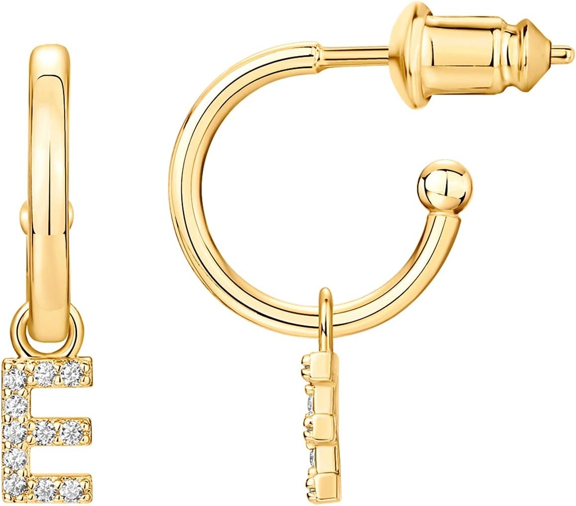 image:imagePAVOI 14K Gold Plated 925 Sterling Silver Post Huggie Earring with Initial Dangle CZ Huggie Hoop Earrings Womens Cubic Zirconia Initial HuggiesYellow Gold