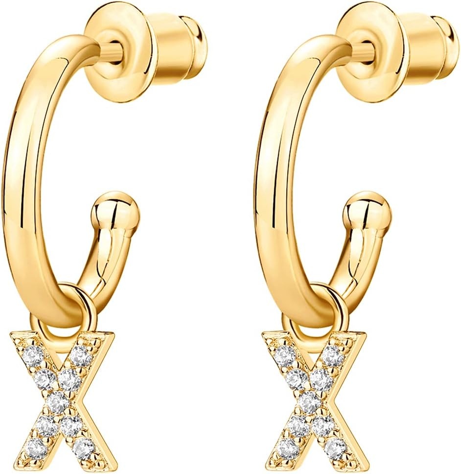 image:imagePAVOI 14K Gold Plated 925 Sterling Silver Post Huggie Earring with Initial Dangle CZ Huggie Hoop Earrings Womens Cubic Zirconia Initial HuggiesYellow Gold