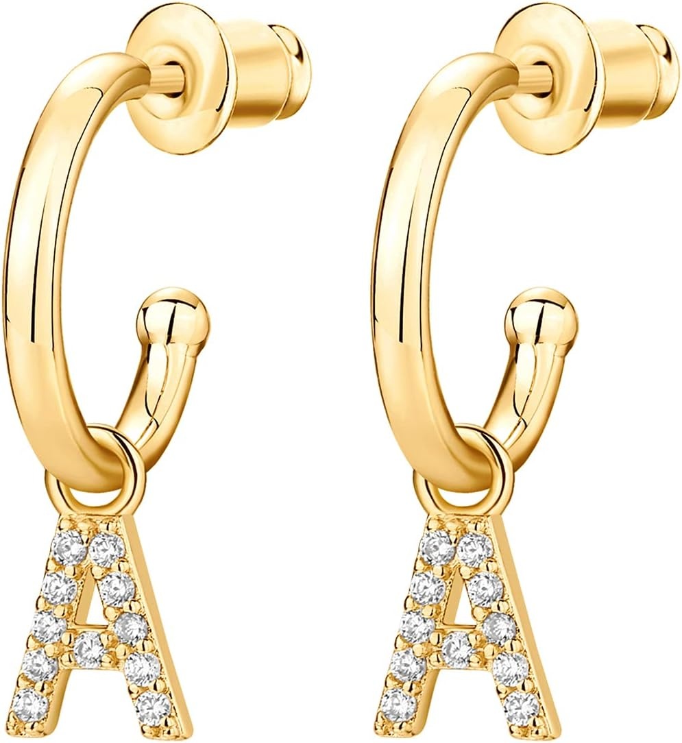 image:imagePAVOI 14K Gold Plated 925 Sterling Silver Post Huggie Earring with Initial Dangle CZ Huggie Hoop Earrings Womens Cubic Zirconia Initial HuggiesYellow Gold