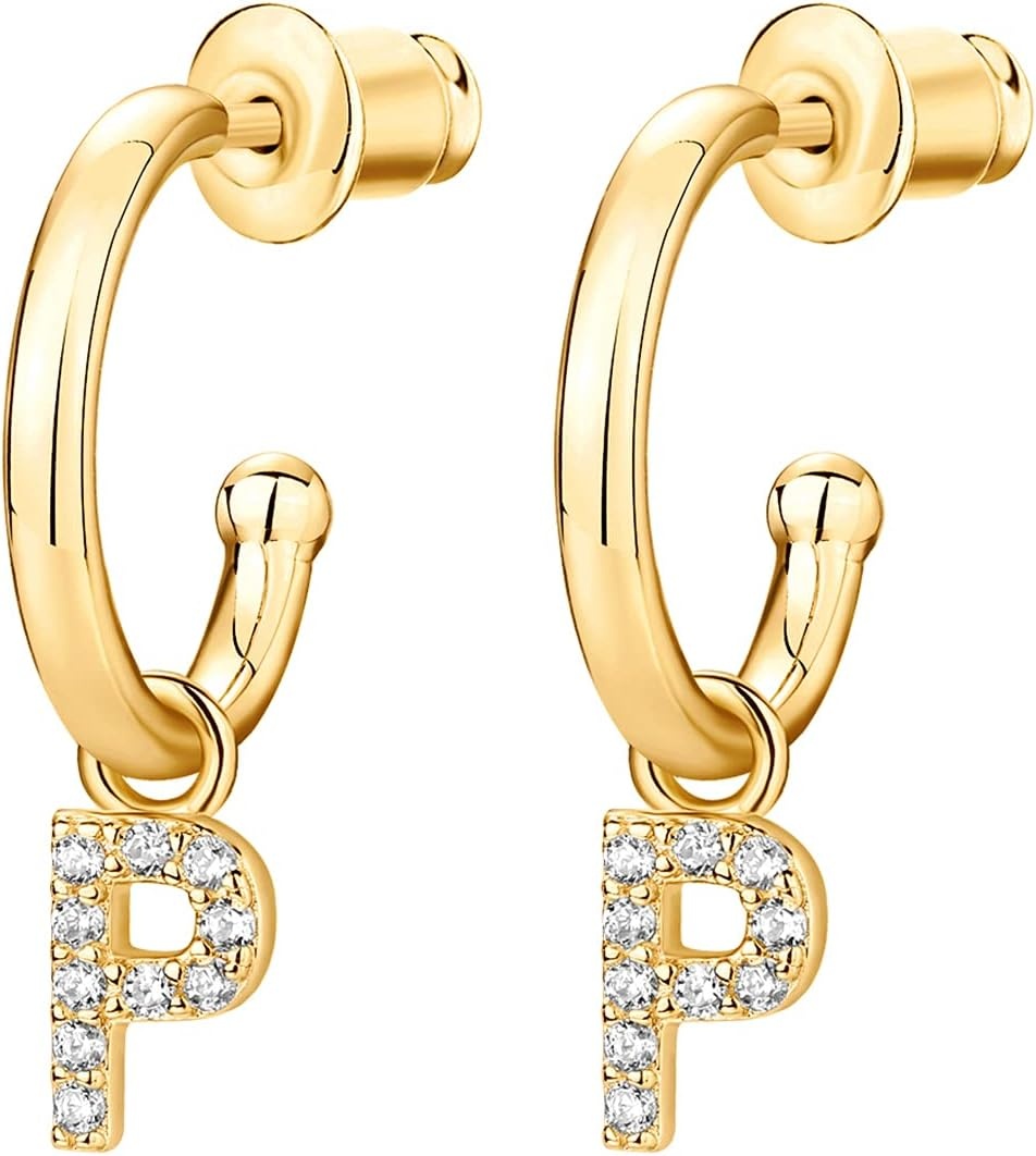 image:imagePAVOI 14K Gold Plated 925 Sterling Silver Post Huggie Earring with Initial Dangle CZ Huggie Hoop Earrings Womens Cubic Zirconia Initial HuggiesYellow Gold