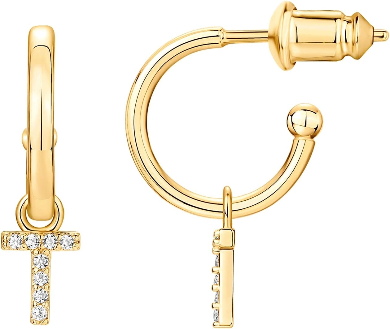 image:imagePAVOI 14K Gold Plated 925 Sterling Silver Post Huggie Earring with Initial Dangle CZ Huggie Hoop Earrings Womens Cubic Zirconia Initial HuggiesYellow Gold
