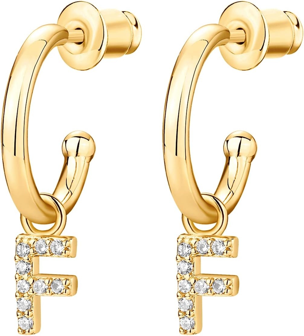 image:imagePAVOI 14K Gold Plated 925 Sterling Silver Post Huggie Earring with Initial Dangle CZ Huggie Hoop Earrings Womens Cubic Zirconia Initial HuggiesYellow Gold