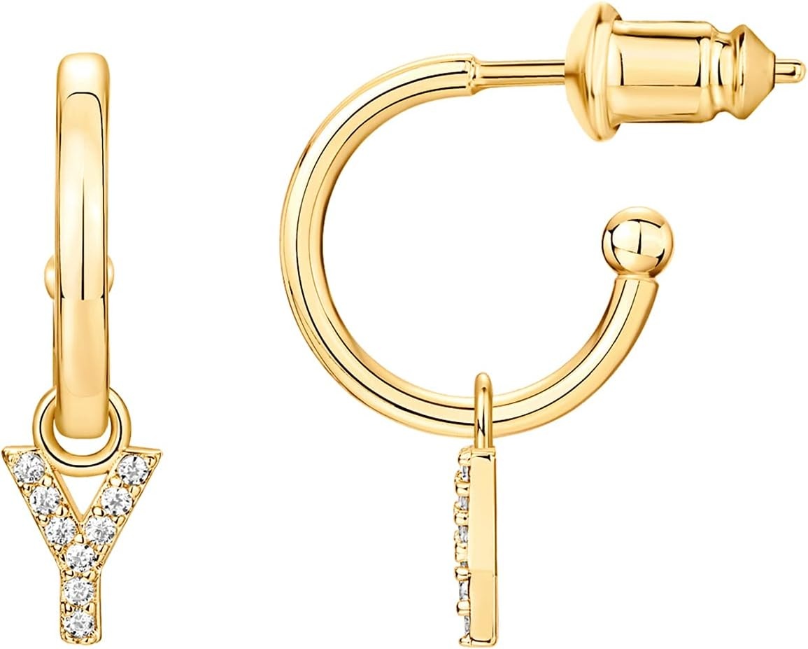 image:imagePAVOI 14K Gold Plated 925 Sterling Silver Post Huggie Earring with Initial Dangle CZ Huggie Hoop Earrings Womens Cubic Zirconia Initial HuggiesYellow Gold