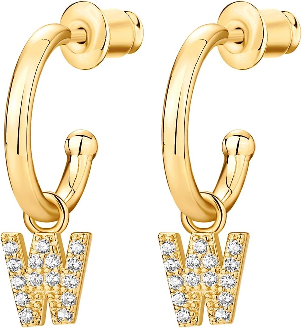 image:imagePAVOI 14K Gold Plated 925 Sterling Silver Post Huggie Earring with Initial Dangle CZ Huggie Hoop Earrings Womens Cubic Zirconia Initial HuggiesYellow Gold