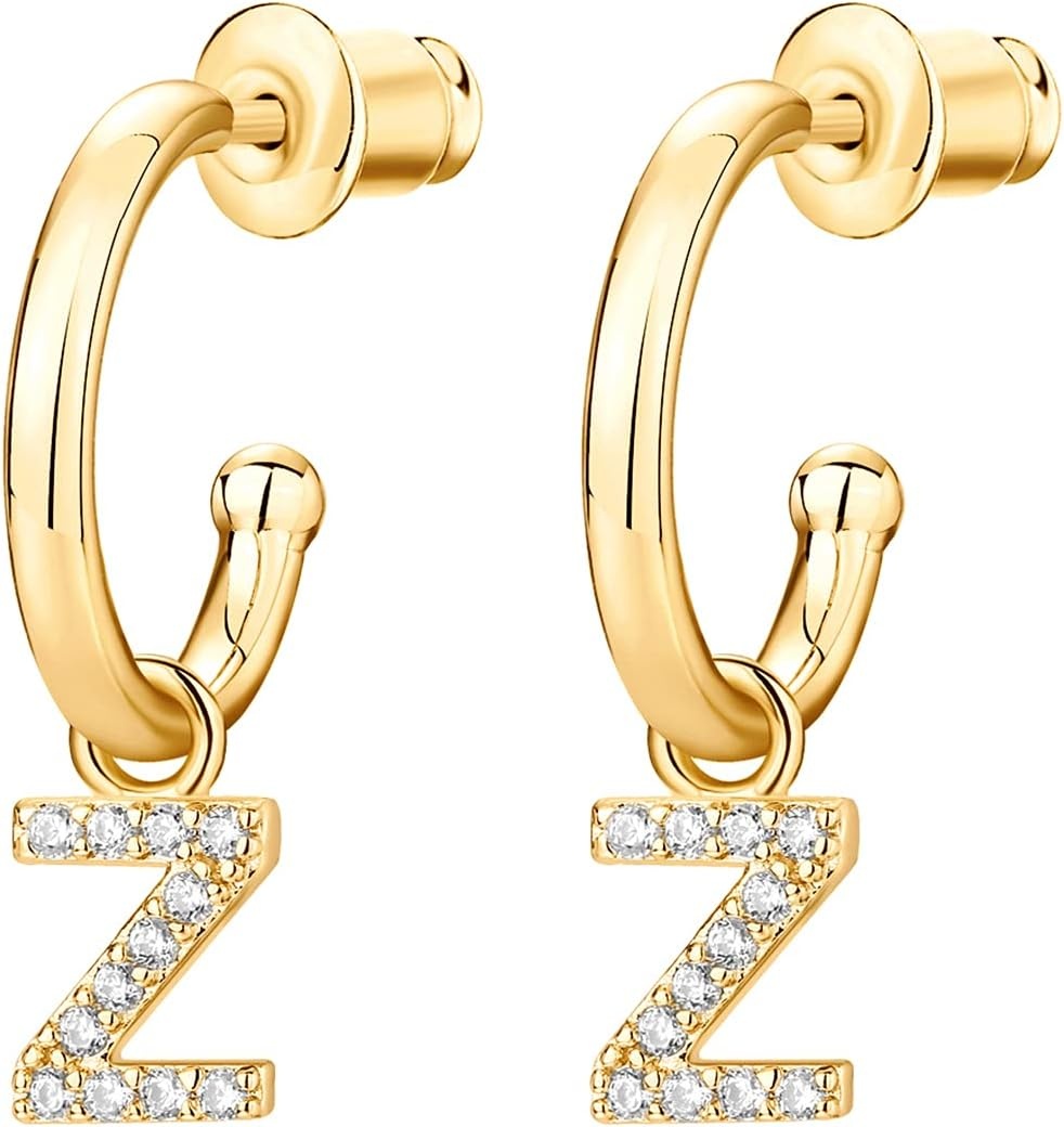 image:imagePAVOI 14K Gold Plated 925 Sterling Silver Post Huggie Earring with Initial Dangle CZ Huggie Hoop Earrings Womens Cubic Zirconia Initial HuggiesYellow Gold