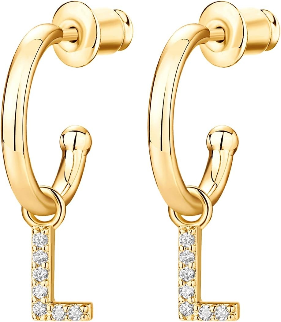 image:imagePAVOI 14K Gold Plated 925 Sterling Silver Post Huggie Earring with Initial Dangle CZ Huggie Hoop Earrings Womens Cubic Zirconia Initial HuggiesYellow Gold