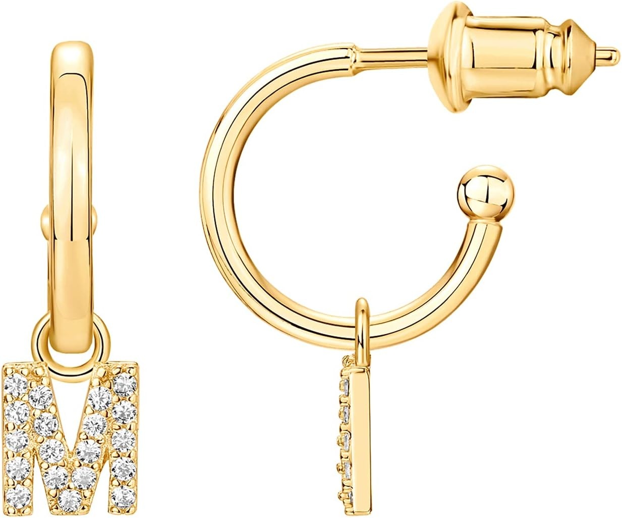image:imagePAVOI 14K Gold Plated 925 Sterling Silver Post Huggie Earring with Initial Dangle CZ Huggie Hoop Earrings Womens Cubic Zirconia Initial HuggiesYellow Gold
