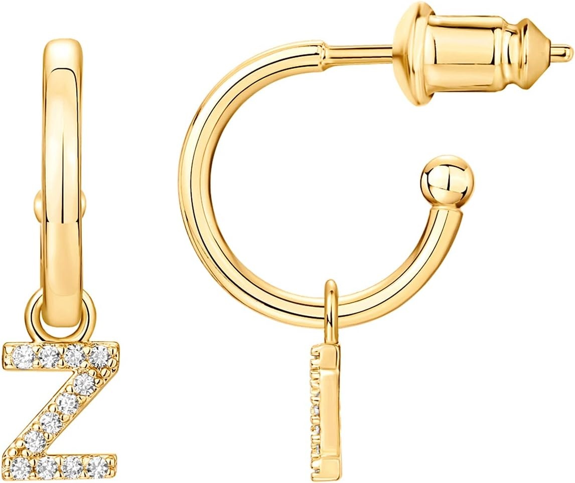 image:imagePAVOI 14K Gold Plated 925 Sterling Silver Post Huggie Earring with Initial Dangle CZ Huggie Hoop Earrings Womens Cubic Zirconia Initial HuggiesYellow Gold