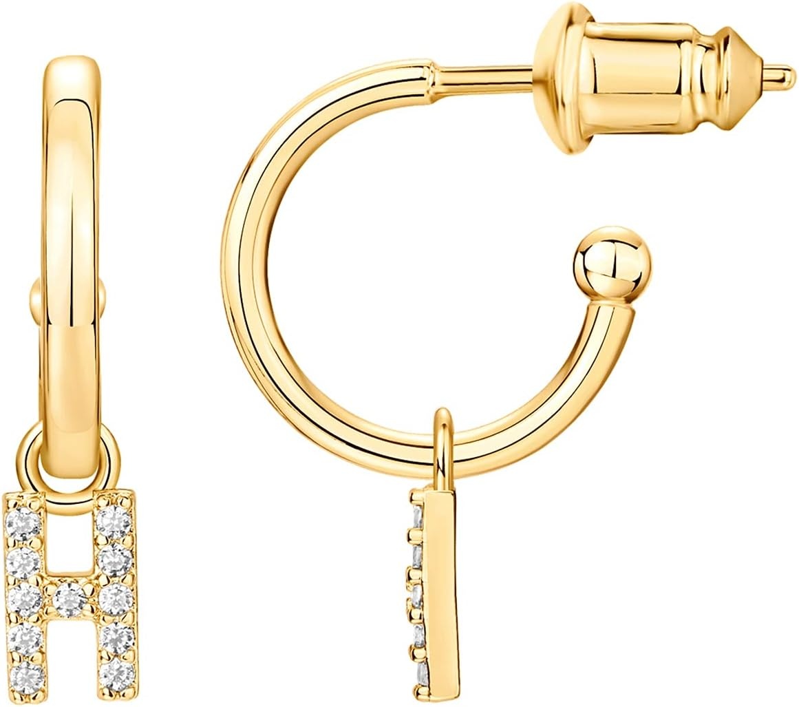 image:imagePAVOI 14K Gold Plated 925 Sterling Silver Post Huggie Earring with Initial Dangle CZ Huggie Hoop Earrings Womens Cubic Zirconia Initial HuggiesYellow Gold