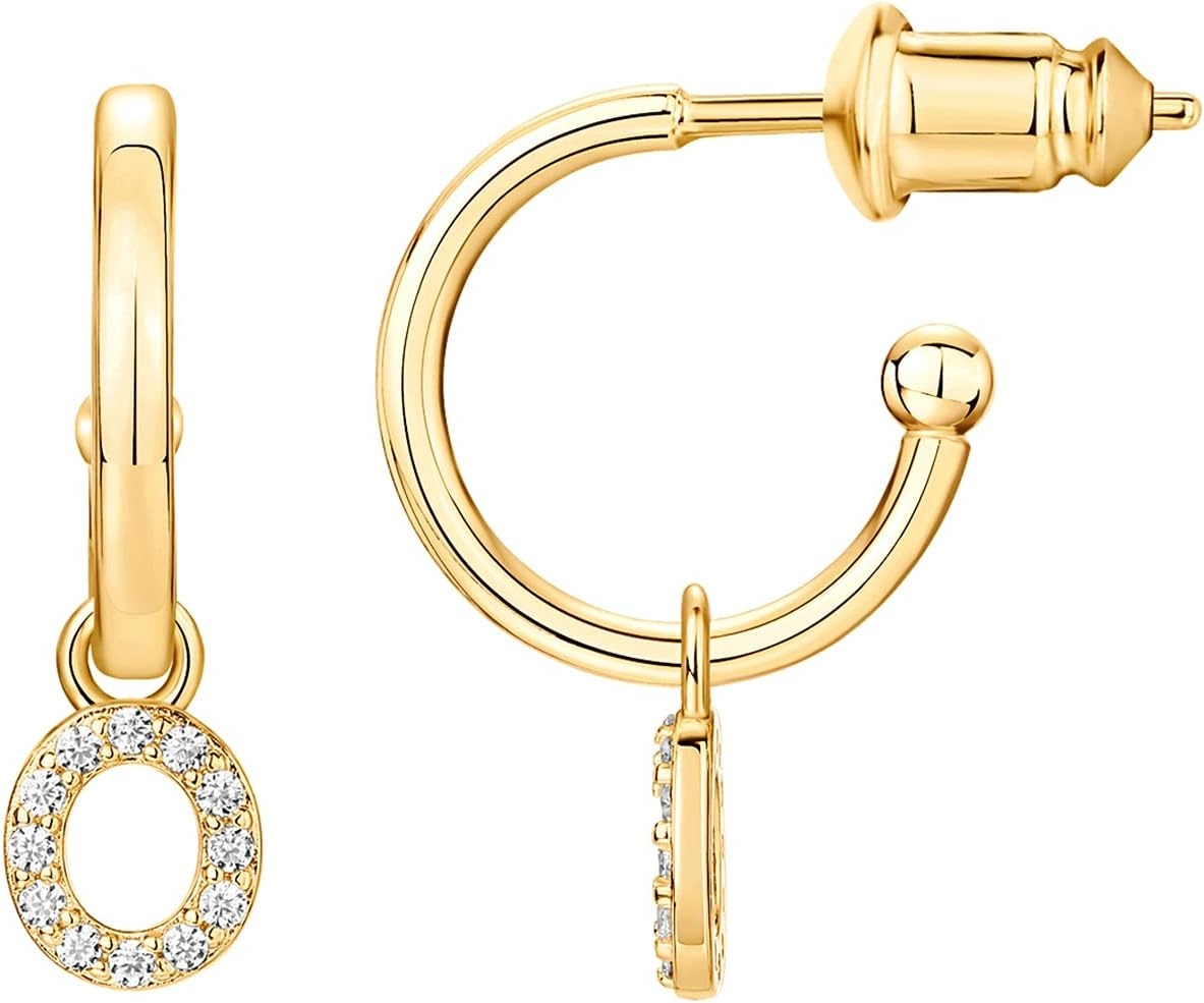 image:imagePAVOI 14K Gold Plated 925 Sterling Silver Post Huggie Earring with Initial Dangle CZ Huggie Hoop Earrings Womens Cubic Zirconia Initial HuggiesYellow Gold