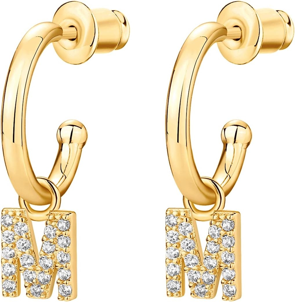 image:imagePAVOI 14K Gold Plated 925 Sterling Silver Post Huggie Earring with Initial Dangle CZ Huggie Hoop Earrings Womens Cubic Zirconia Initial HuggiesYellow Gold